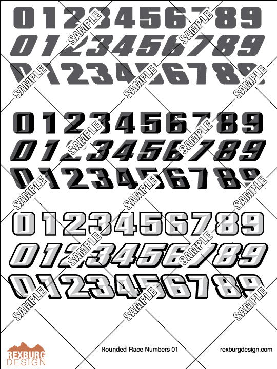 Rounded Block Racing Numbers Decal Full Set